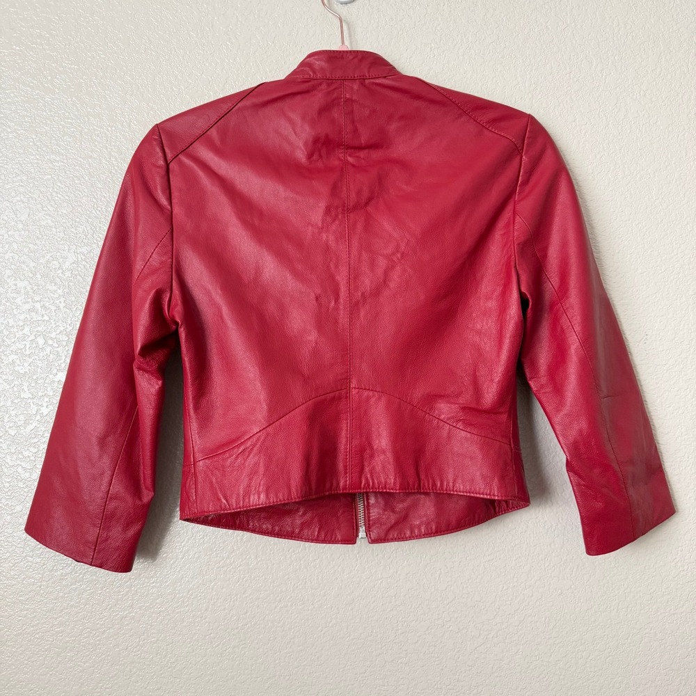 Bebe Leather Jacket Womens Red XS Cropped Moto Biker 3/4 Sleeve Scooter Y2K - Picture 7 of 11